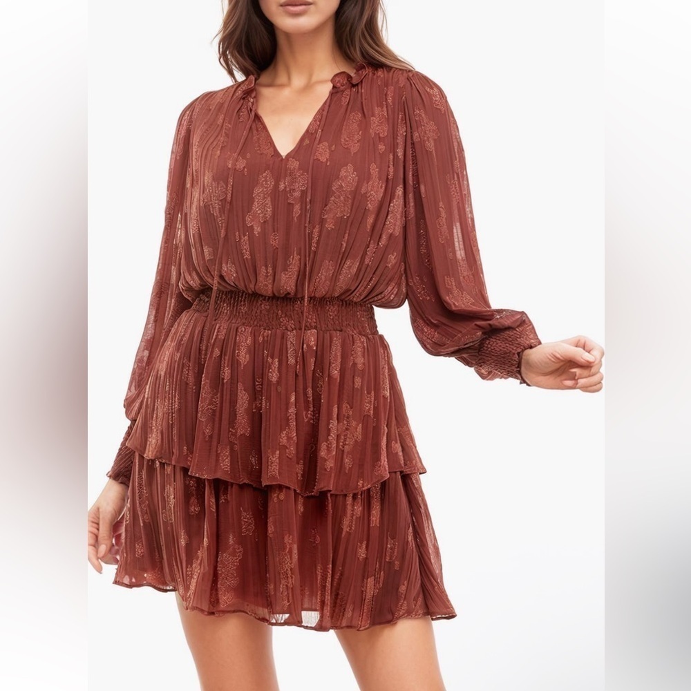 NWT Socialite Rust Long Sleeve Tiered Mini Dress Boho Pleated Chiffon Sz Large